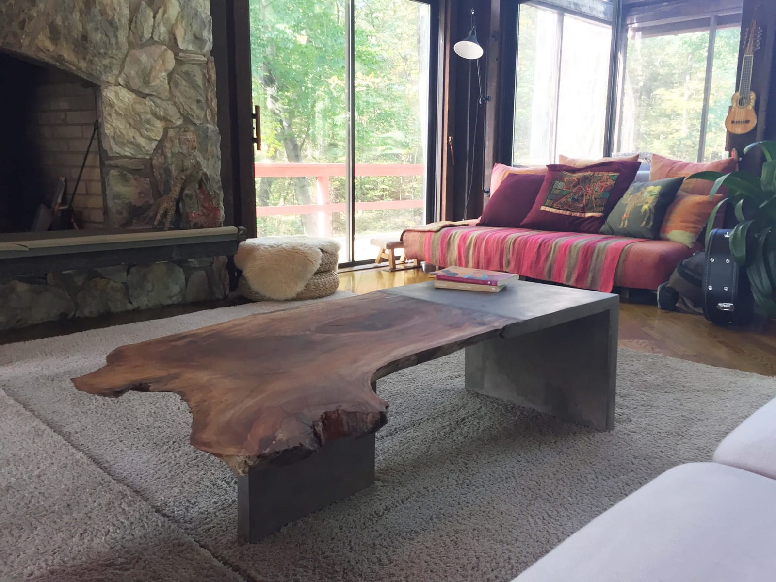 A half-wood, half-concrete table by Hudson Valley sculptor Brad Teasdale