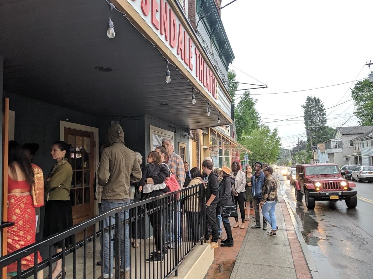 A line outside the Rosendale Theater for a HUDSY event on a rainy Hudson Valley day.