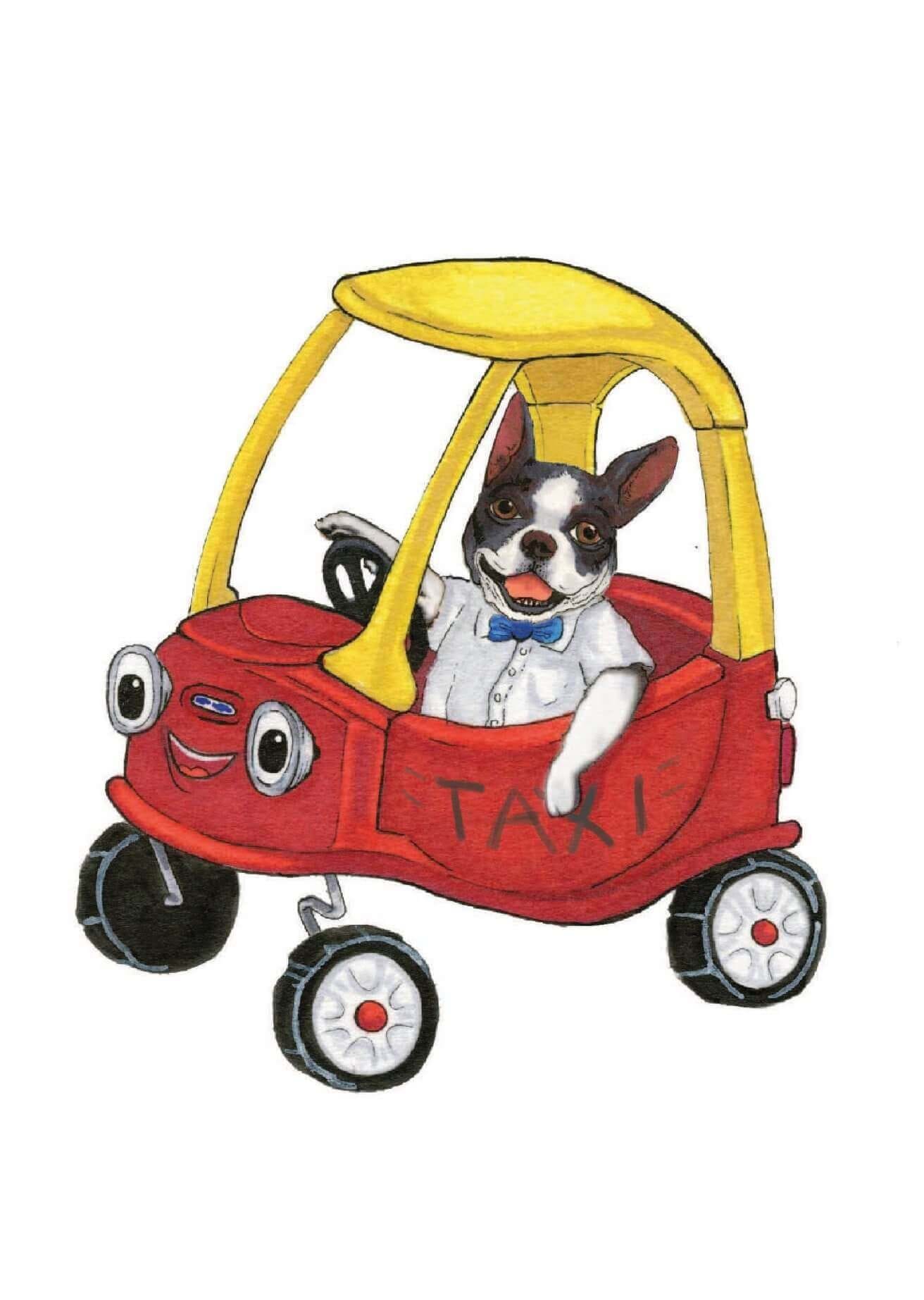 An illustration of a dog in a toy car by Hudson Valley-based illustrator Julia Green