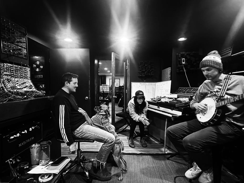 Musicians Michael Marcagi, Renee Hikari, and Kyle Emerson at producer David Baron's Sun Mountain Studio in the Hudson Valley