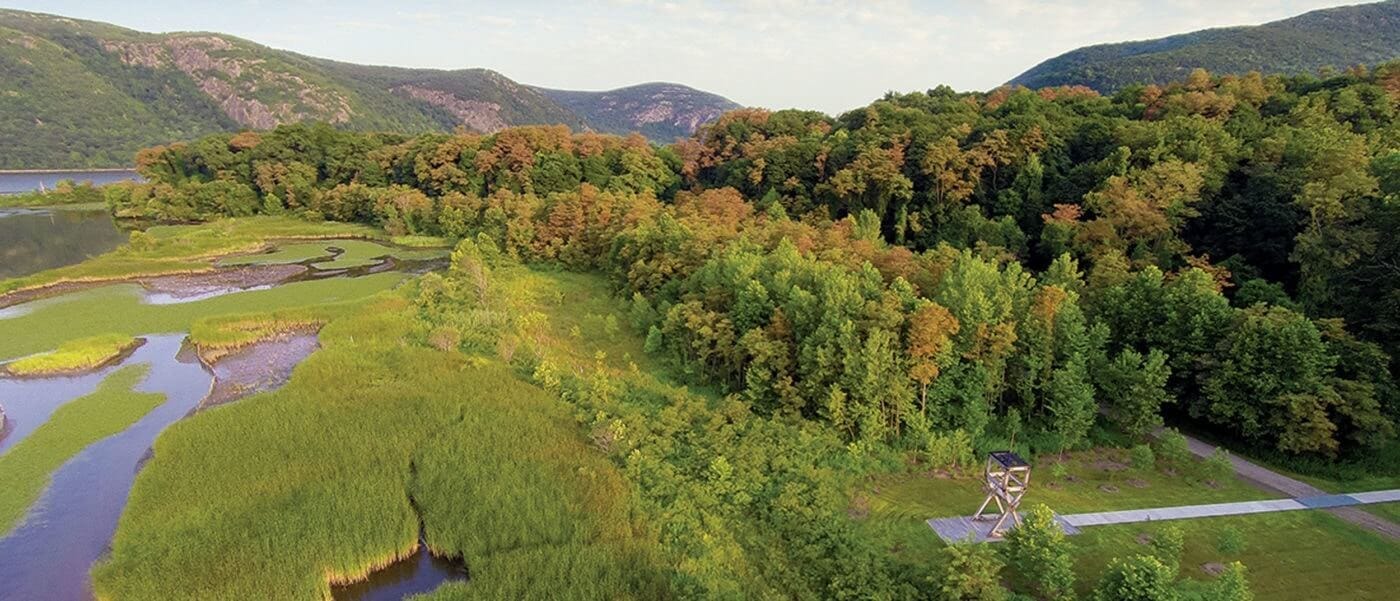 An aerial photo of West Point Foundry Reserve, a Scenic Hudson park in Cold Spring in the Hudson Valley