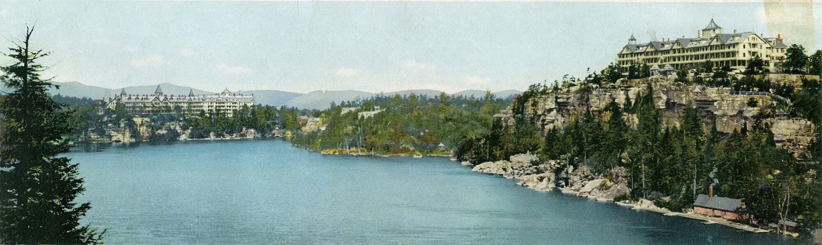 Two mountain houses on Lake Minnewaska, on a 1910s-era double-sized postcard