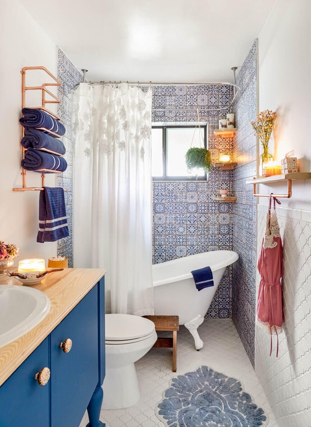 A tiled blue bathroom photographed by Hudson Valley-based photographer Rikki Snyder