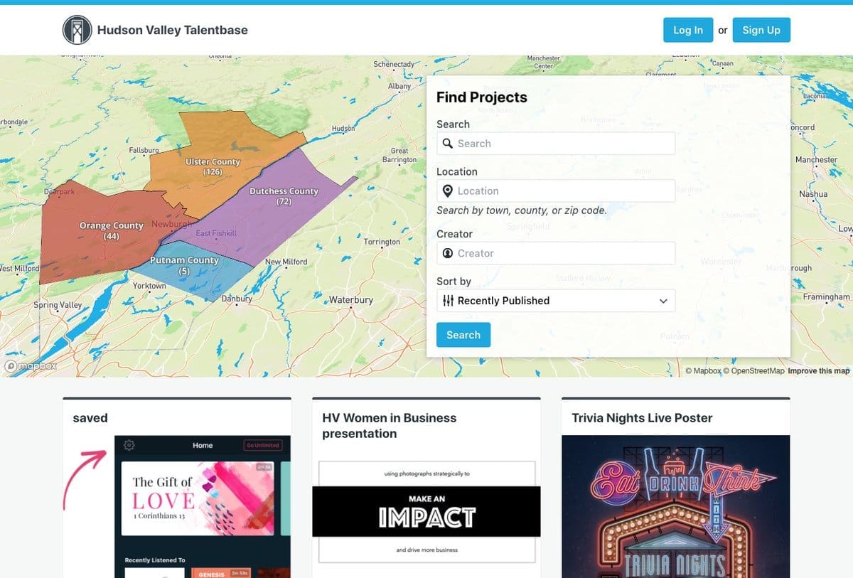 A screenshot of Hudson Valley Talentbase, a now-defunct website in which local projects could be filtered by clicking on a map